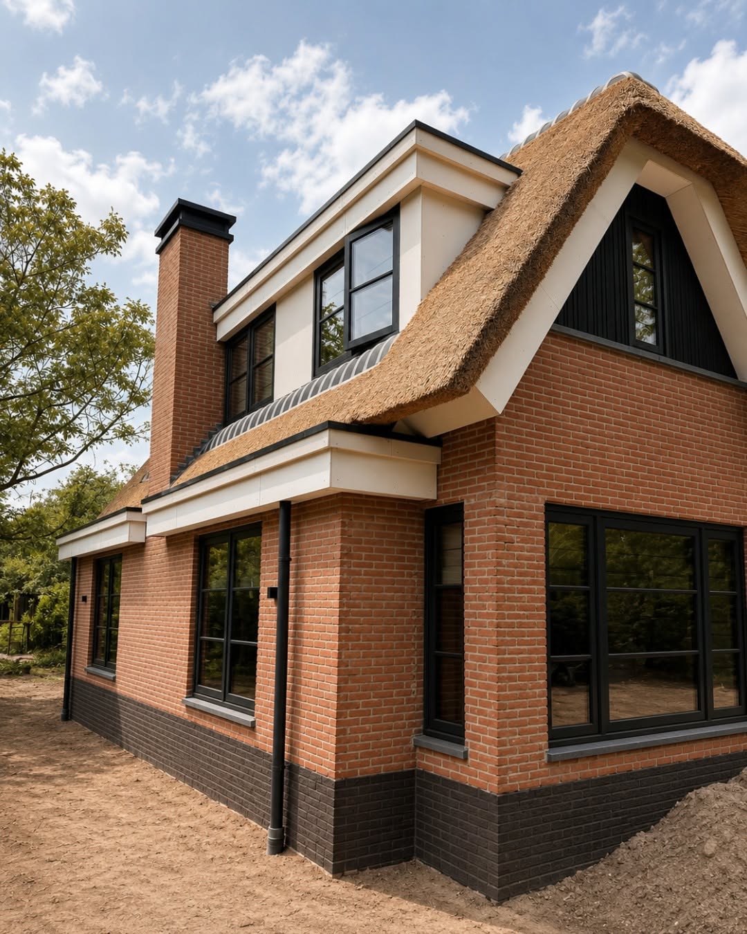 Résidence bois complexe et expressive avec façade en brique et toiture en chaume