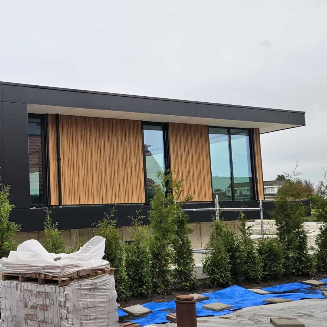 Timber cladding and glazing detail on the De Lier façade