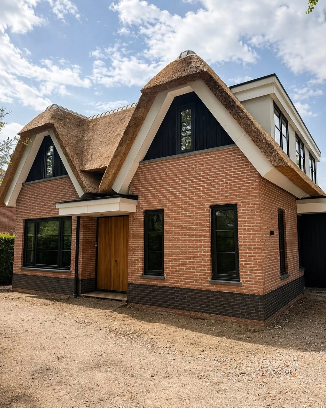 Front view of Dutch thatched multi-material residence