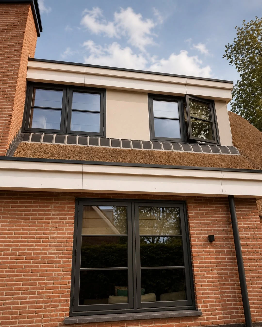 Close architectural view of windows and roof detailing