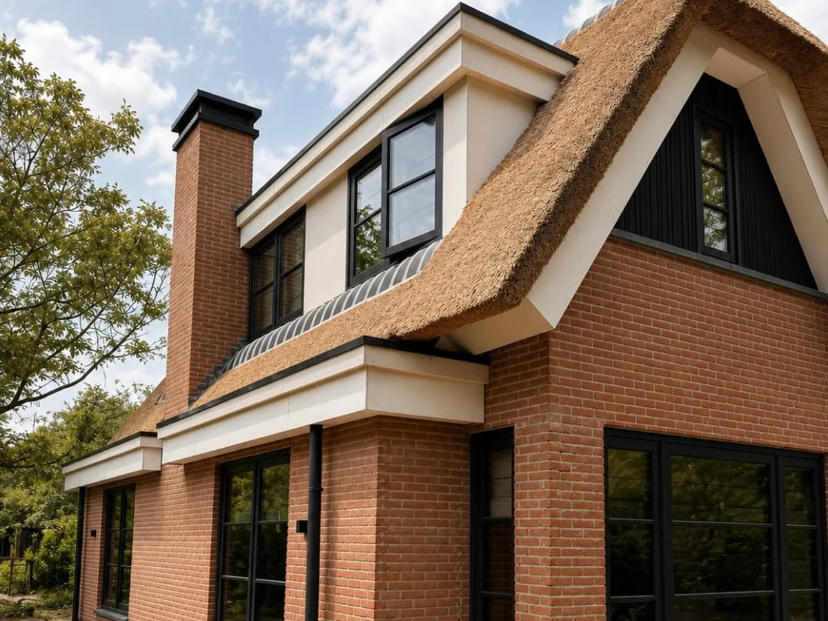 Side view of Dutch residence combining brick, black detailing and a thatched roof