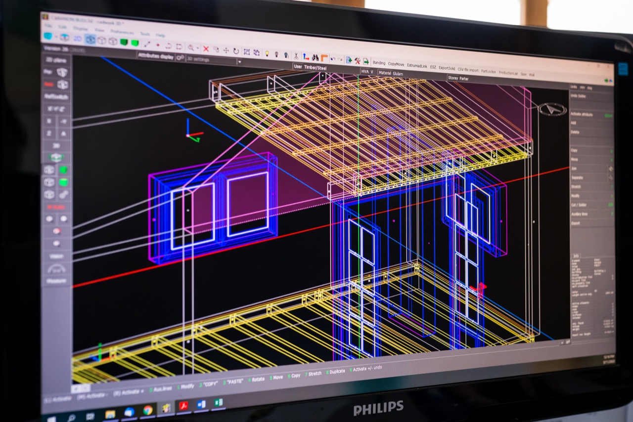 Cadwork 3D production model displayed on screen at ERGIO