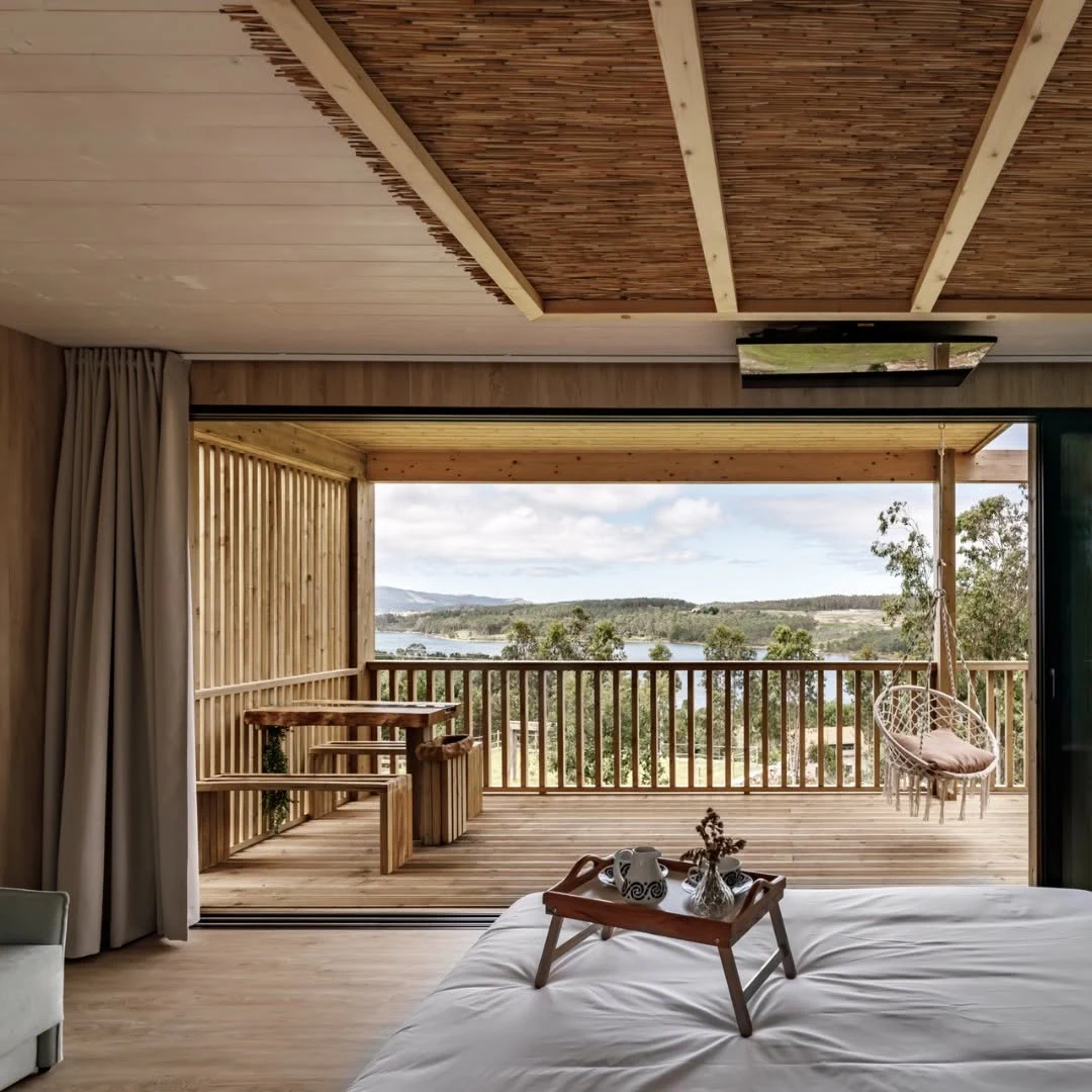 Guest room opening to a terrace at the glamping retreat