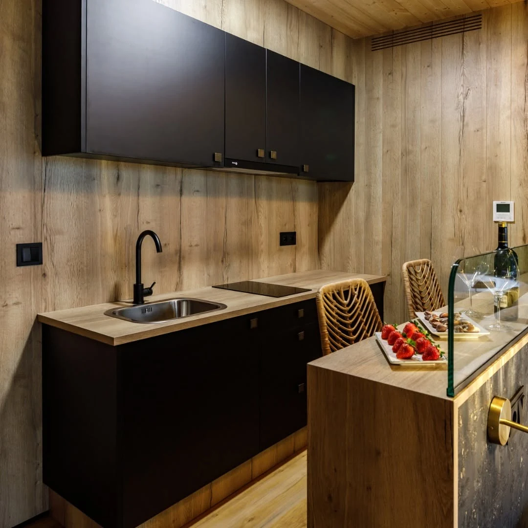 Compact kitchenette inside a guest cabin