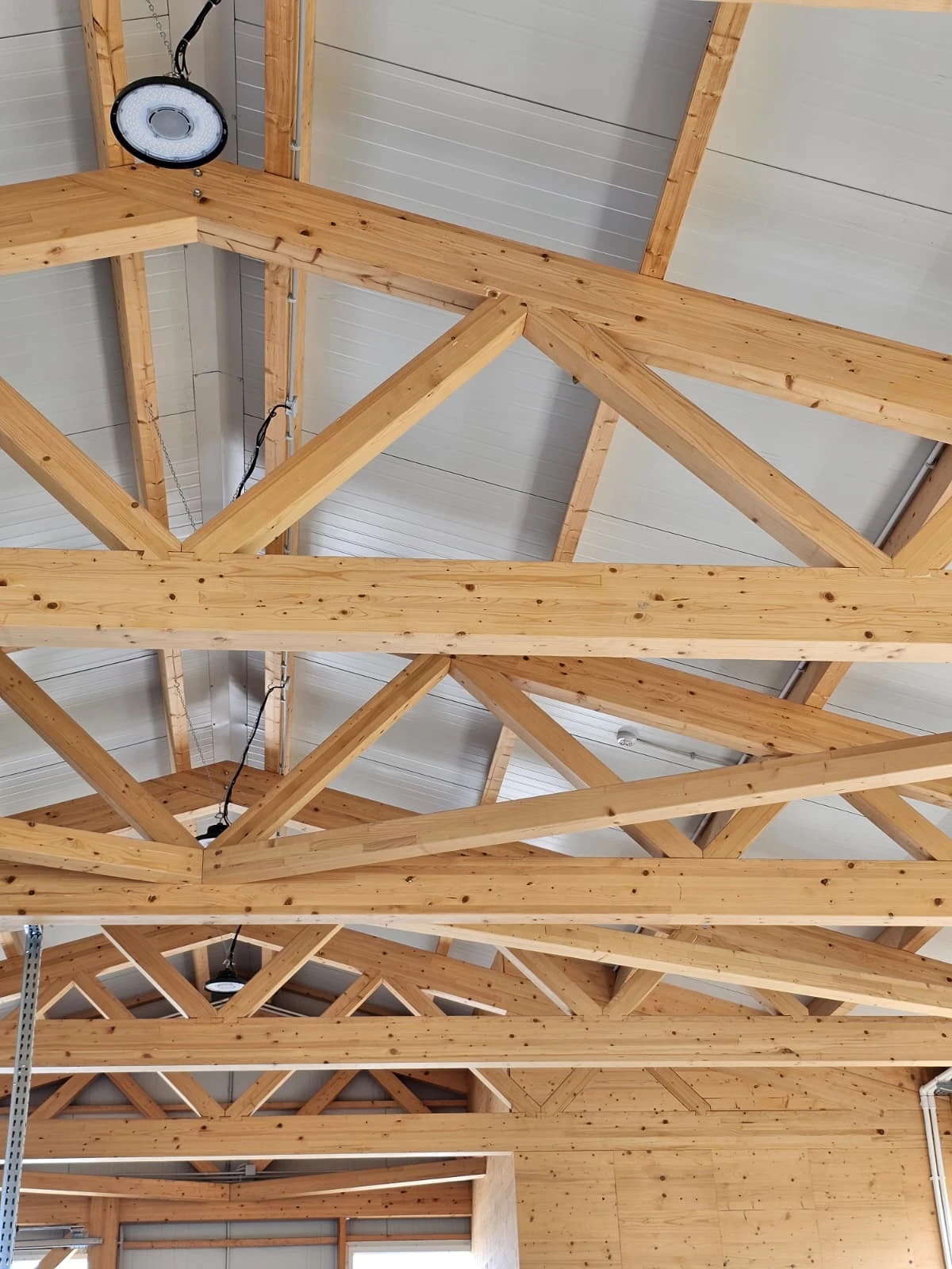 Repeated timber roof trusses spanning an industrial hall