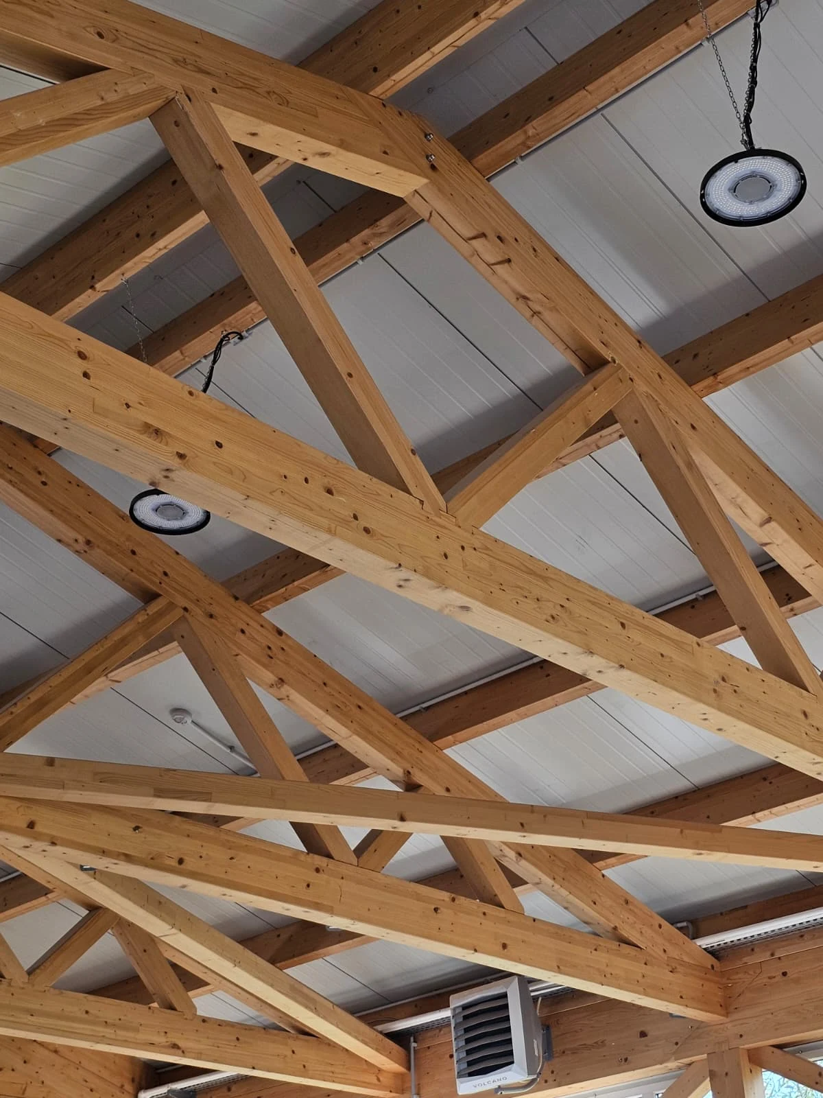 Industrial timber roof structure with repeated trusses and building services