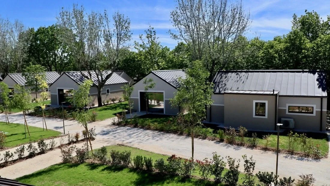 Aerial view of the completed prefabricated tourist village in Italy