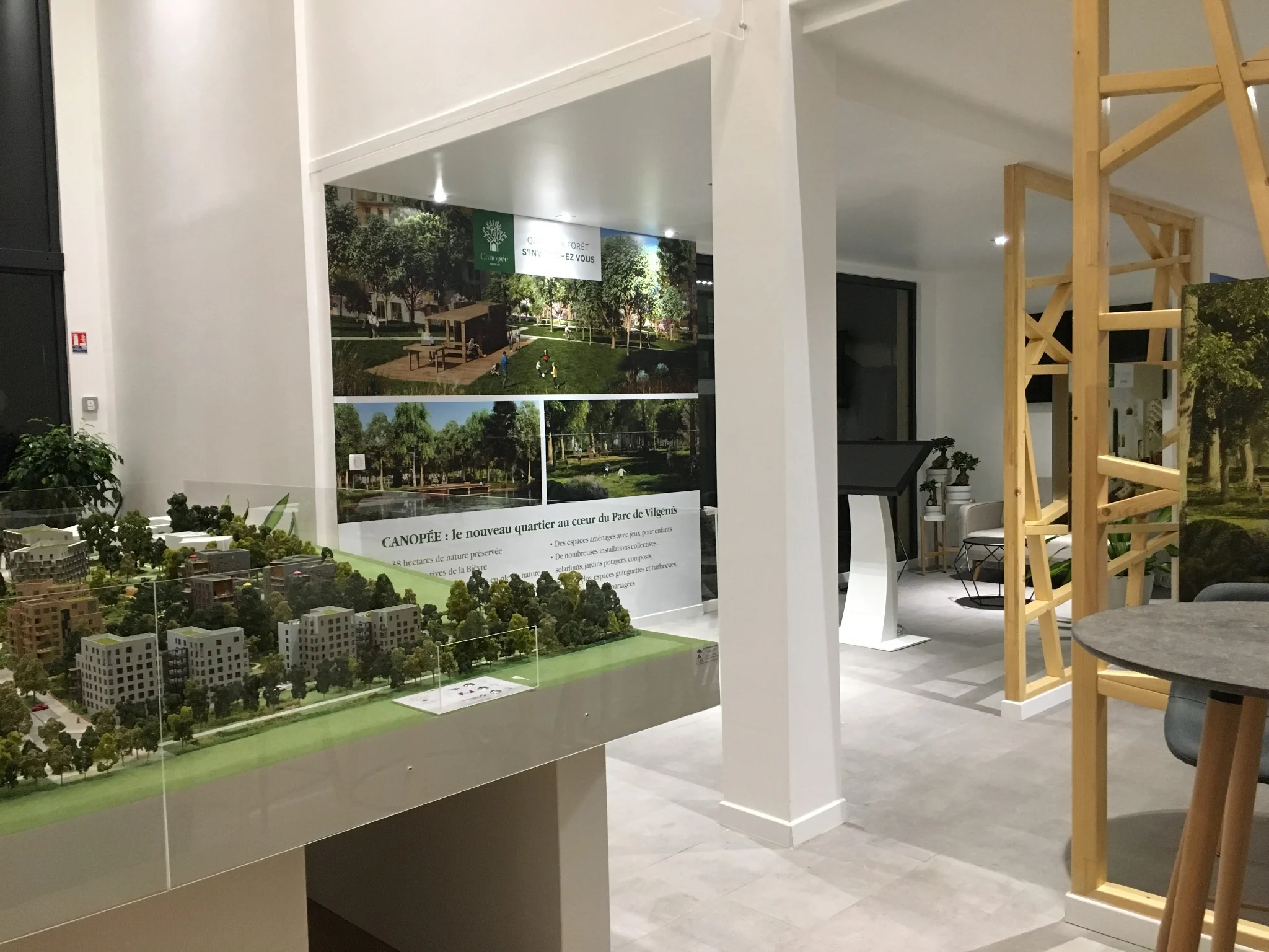 Interior model display area inside the Massy timber project