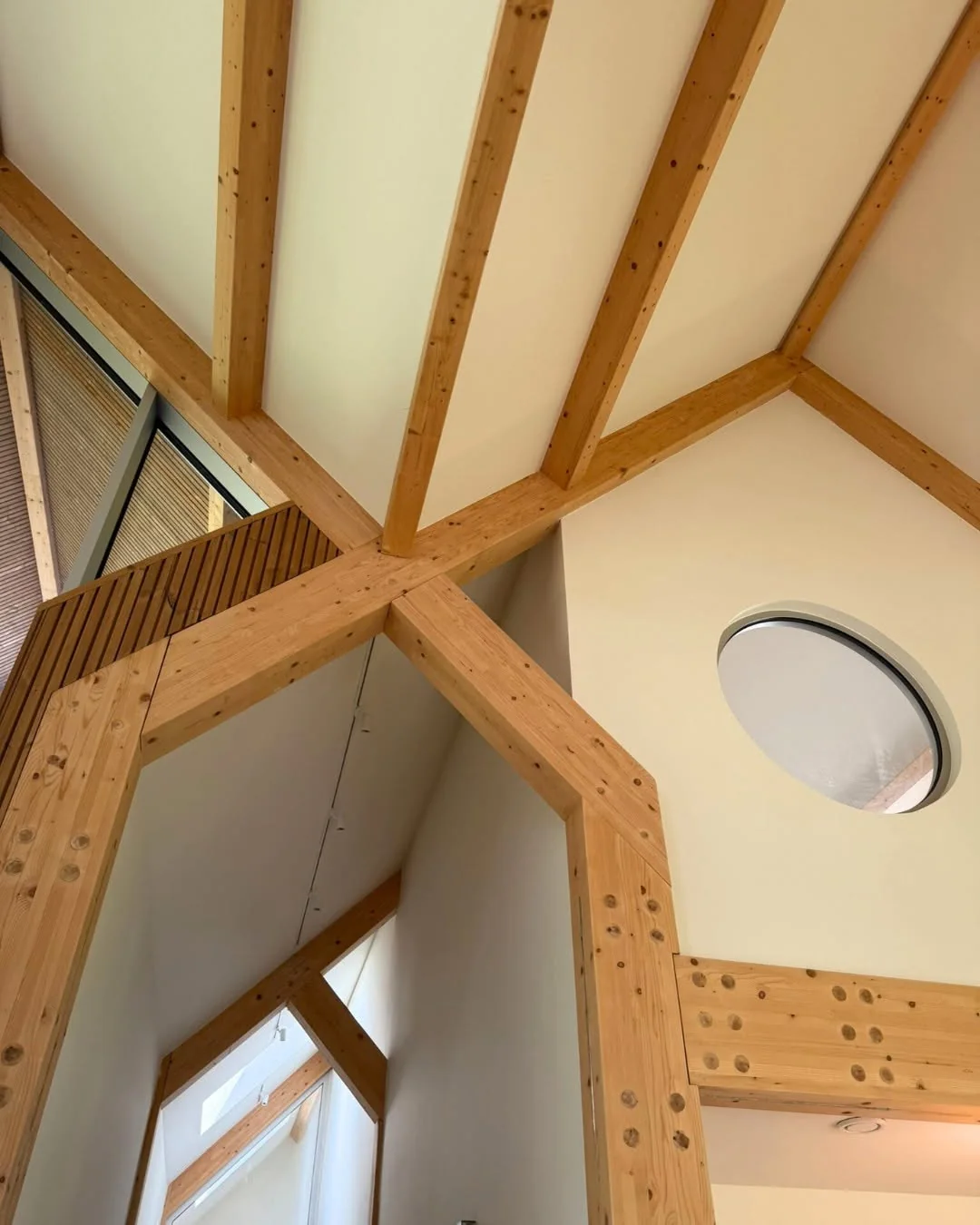 Exposed timber Post and Beam structure inside the completed residence