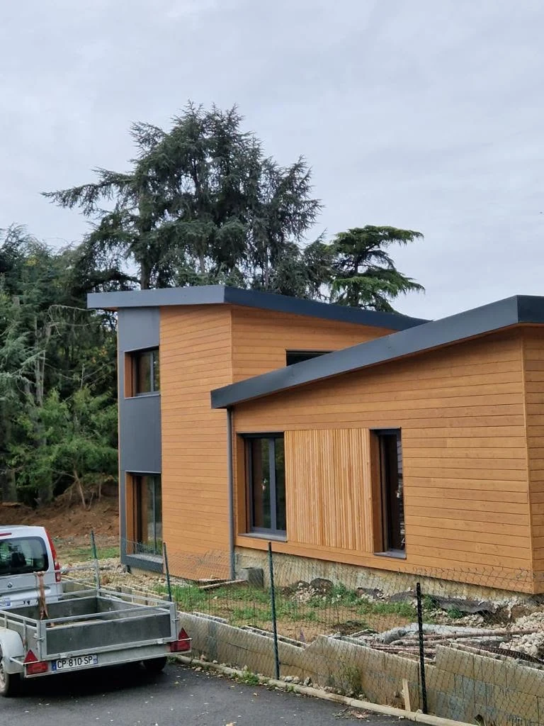 Side elevation of the Parisian larch residence showing volumes and window composition