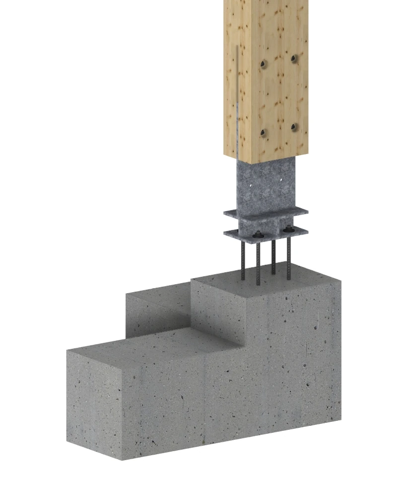 Exploded technical model of a timber post base with steel shoe and foundation anchors