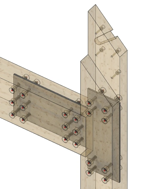 Exploded technical model of a concealed steel plate beam-to-column timber connection