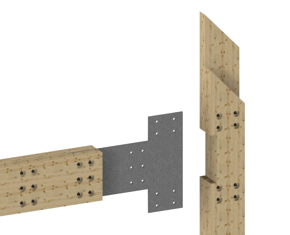 Technical model of a visible steel plate timber beam-to-column connection