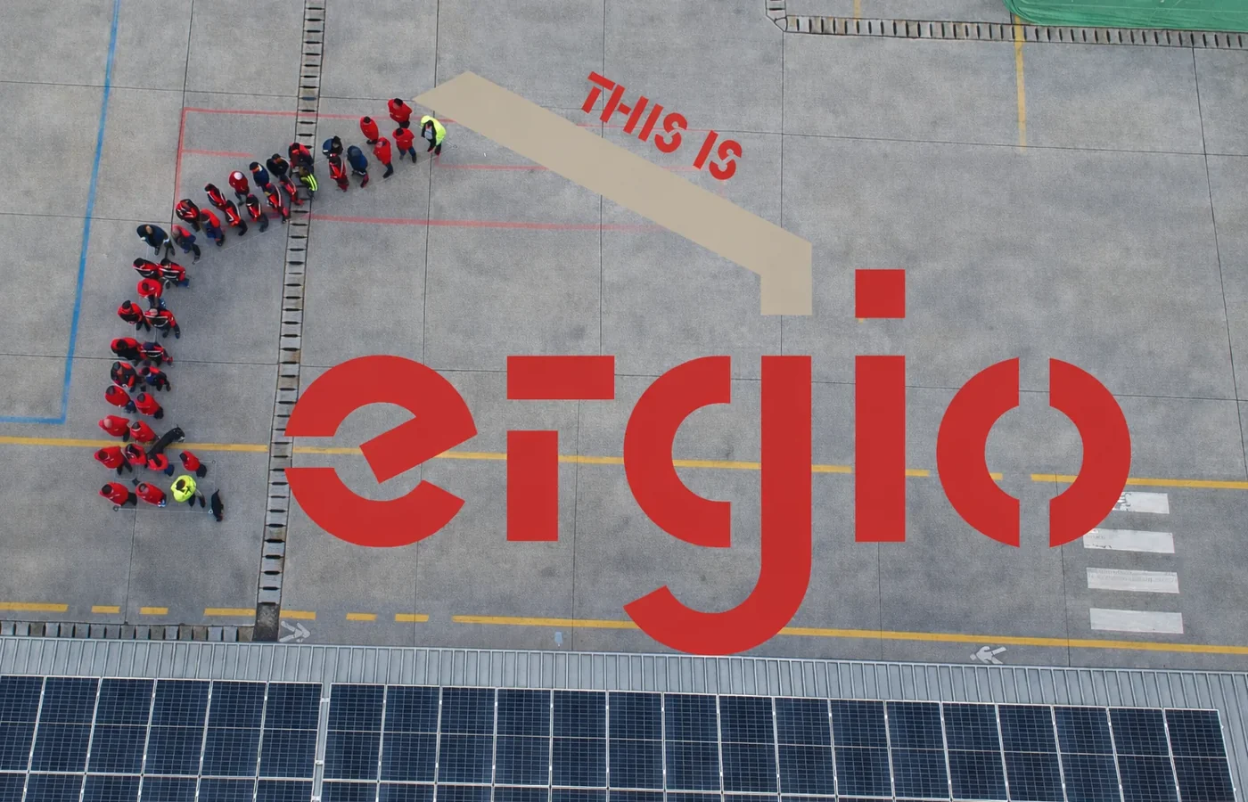 Aerial view of the ERGIO factory and employees in Comănești, Romania