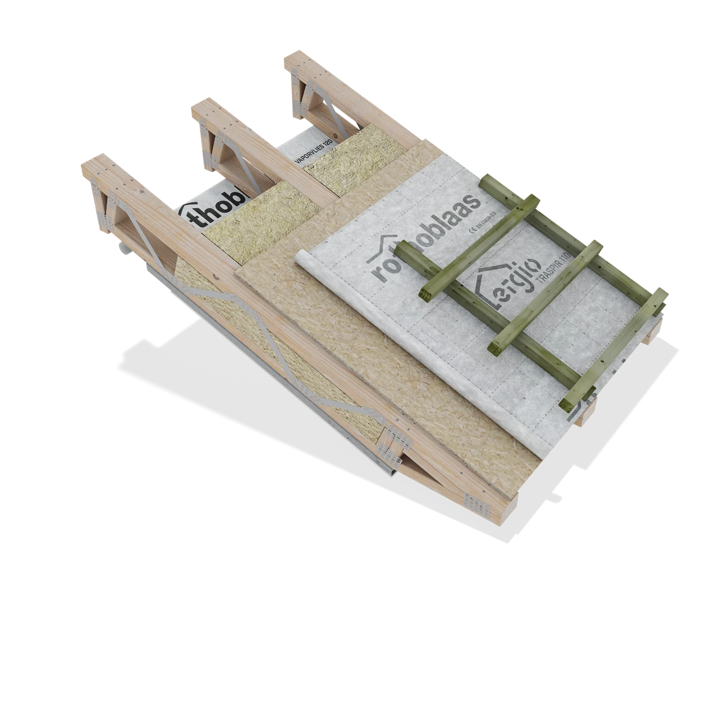 Indicative pitched timber roof build-up with concealed beams