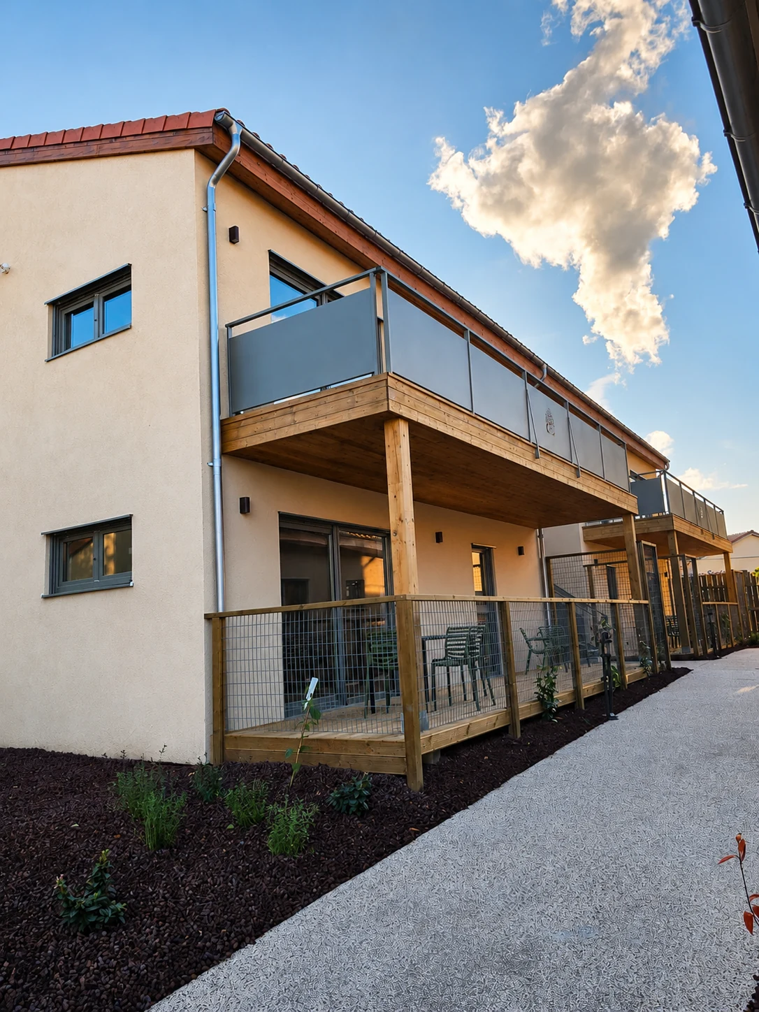 Corner balcony view within the Village Seniors development