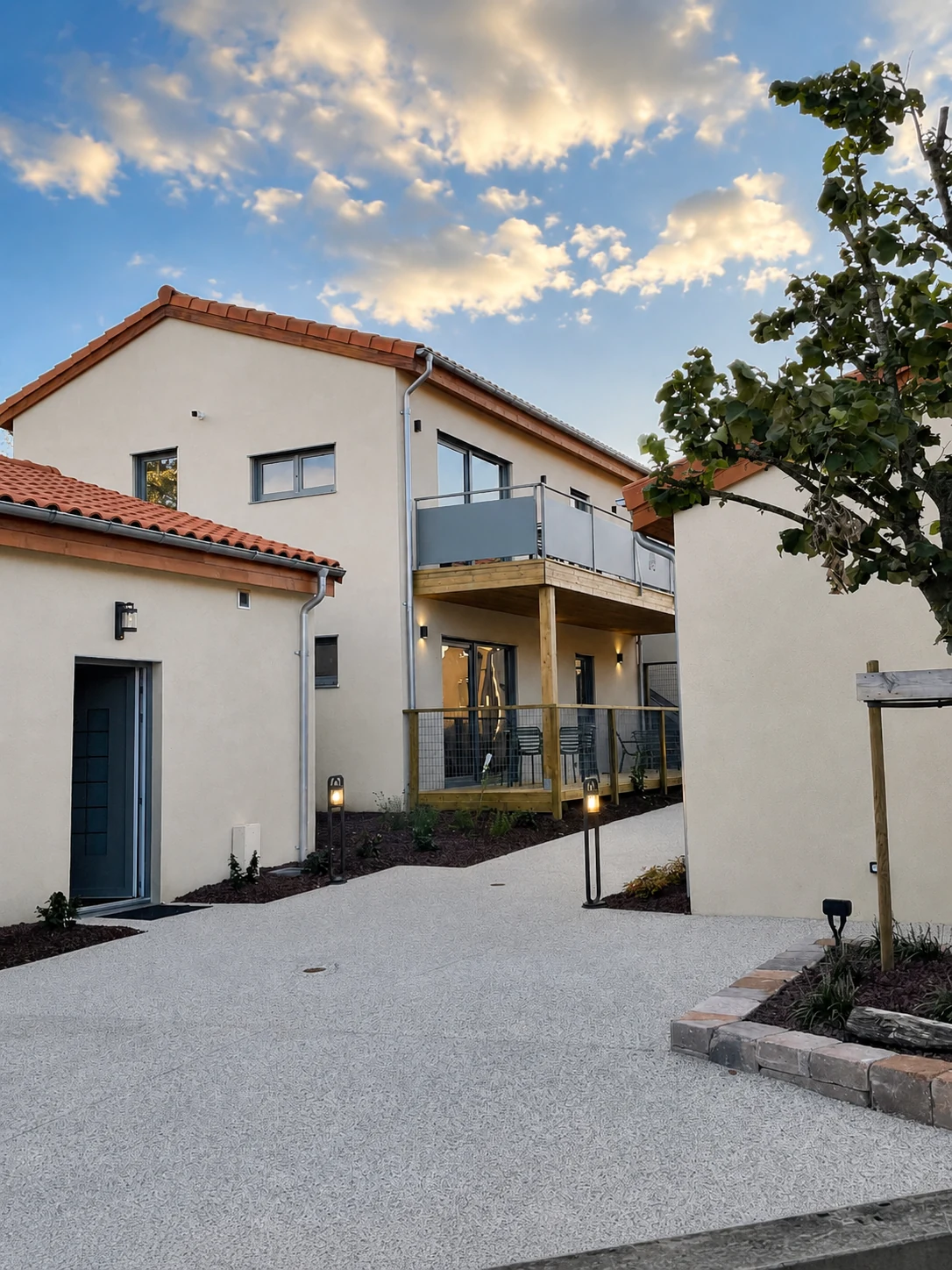 Courtyard view between completed Village Seniors buildings